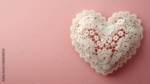 heart-shaped lace doily placed on a soft pink background