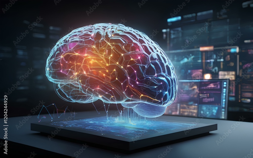 Futuristic Holographic Brain with Neural Connections in a High-Tech Setting Futuristic Holographic Brain with Neural Connections in a High-Tech Setting