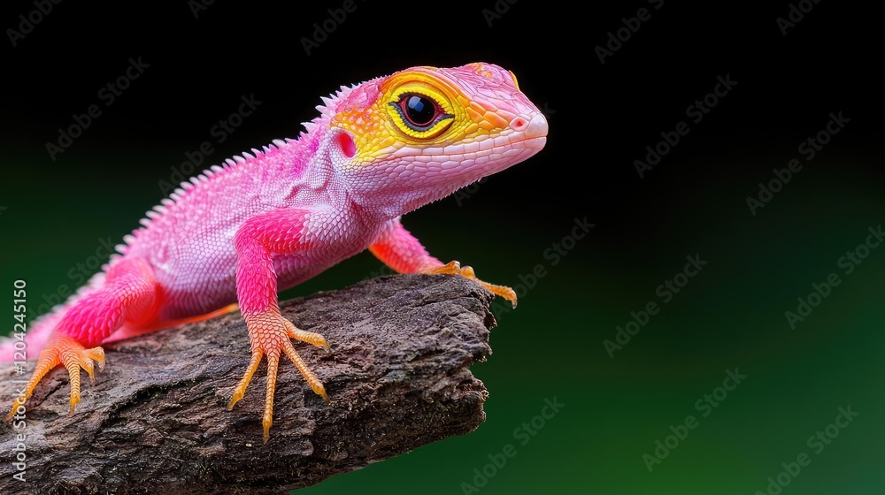 Fototapeta premium Pink lizard perched on branch, dark background, nature wildlife. Use pet, reptile, exotic animal