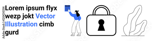 Woman placing book on shelf, large padlock, and leafy plant. Ideal for security, organization, data protection, privacy, information management library systems and digital safety themes. Landing
