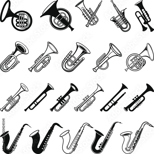 Brass instruments icon set. Trumpet, trombone, tuba, bugle, saxophone, French horn silhouette sign icon symbol vector illustration