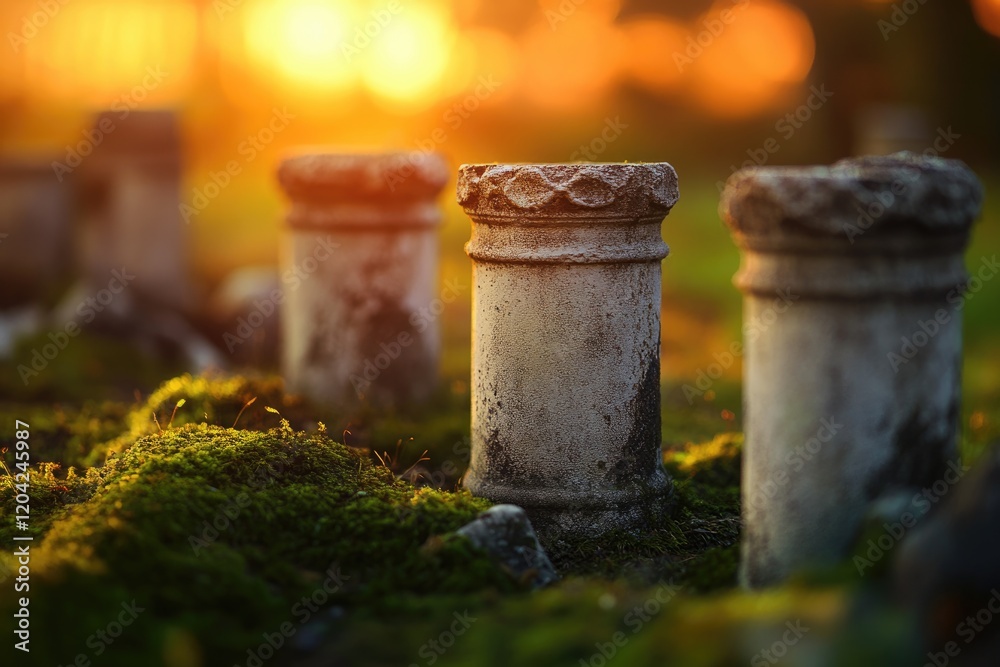 Stone pillars covered in moss at sunset, bathed in warm, golden light.