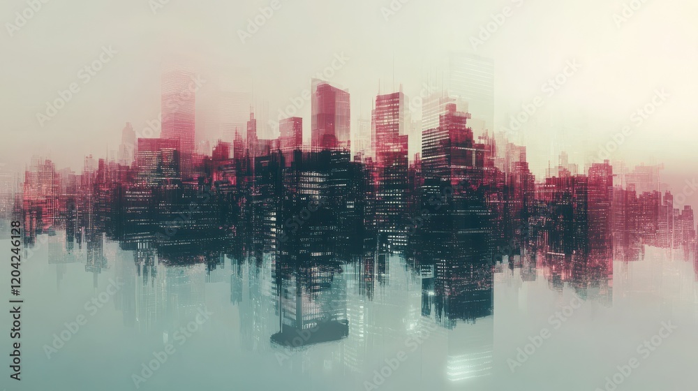 Fototapeta premium Creative digital city background. Smart city, technology and innovation concept. Double exposure