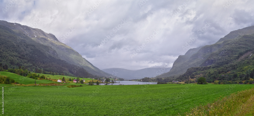 Olden Norway 2024 hiking views towards Briksdal Glacier, Jostedal Glacier largest glacier on Europe's mainland. Glacial river flowing to Sognefjord. Scandinavia, Nordic.