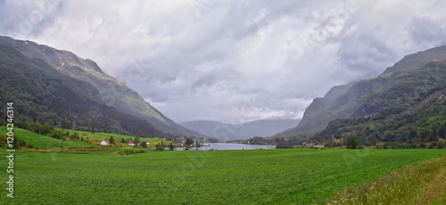 Obraz na płótnie Olden Norway 2024 hiking views towards Briksdal Glacier, Jostedal Glacier largest glacier on Europe's mainland. Glacial river flowing to Sognefjord. Scandinavia, Nordic. w salonie