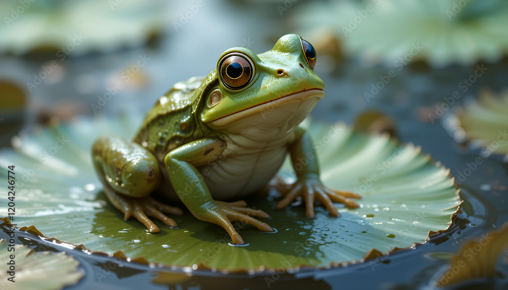 Vibrant Close-Up of a Frog on a Lily Pad in Serene Nature Scene Vibrant Close-Up of a Frog on a Lily Pad in Serene Nature Scene