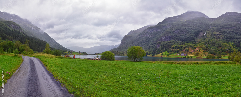 Olden Norway 2024 hiking views towards Briksdal Glacier, Jostedal Glacier largest glacier on Europe's mainland. Glacial river flowing to Sognefjord. Scandinavia, Nordic.
