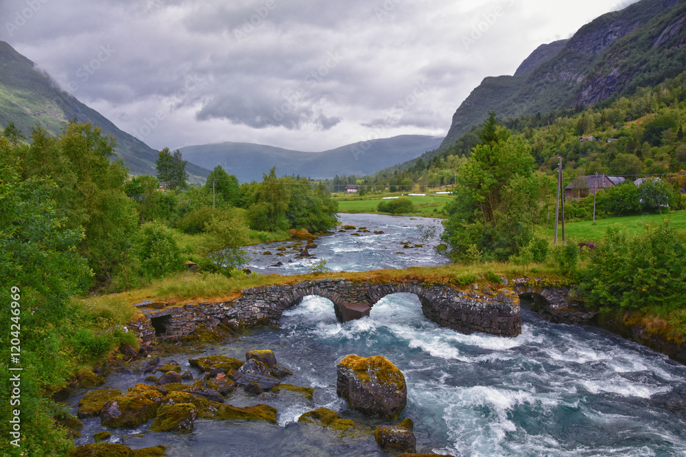 Olden Norway 2024 hiking views towards Briksdal Glacier, Jostedal Glacier largest glacier on Europe's mainland. Glacial river flowing to Sognefjord. Scandinavia, Nordic.