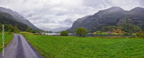 Obraz na płótnie Olden Norway 2024 hiking views towards Briksdal Glacier, Jostedal Glacier largest glacier on Europe's mainland. Glacial river flowing to Sognefjord. Scandinavia, Nordic. w salonie