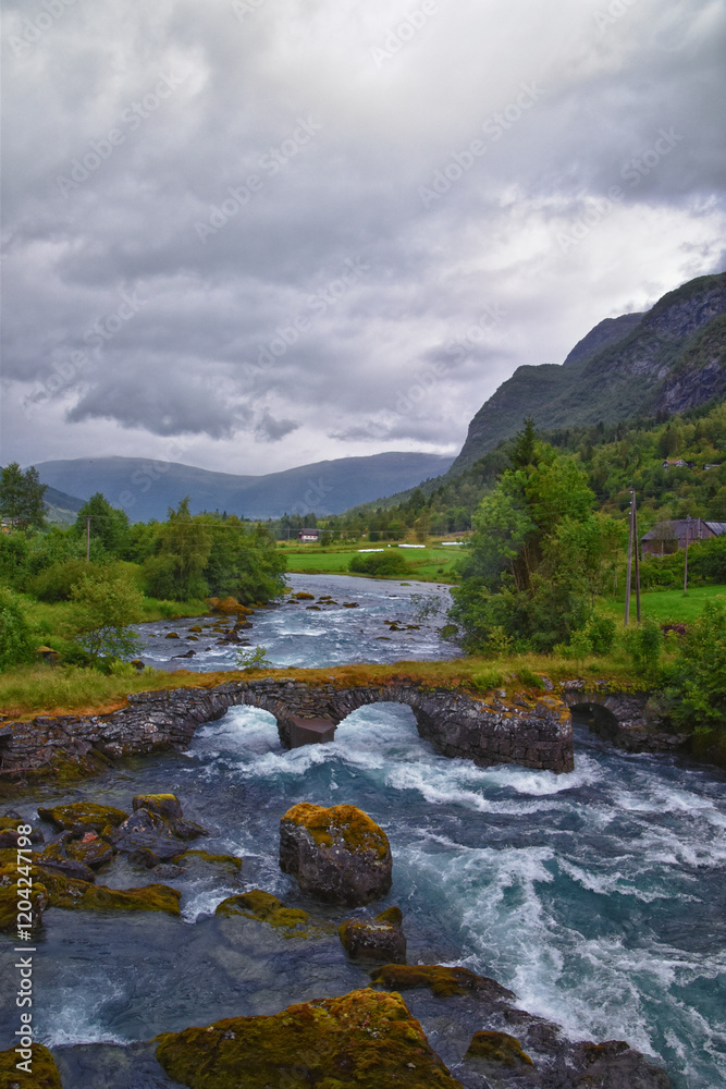 Olden Norway 2024 hiking views towards Briksdal Glacier, Jostedal Glacier largest glacier on Europe's mainland. Glacial river flowing to Sognefjord. Scandinavia, Nordic.