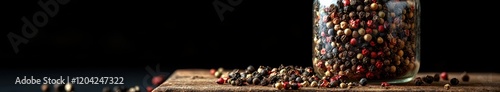 Colorful peppercorns in glass jar on rustic wooden surface against dark background photo