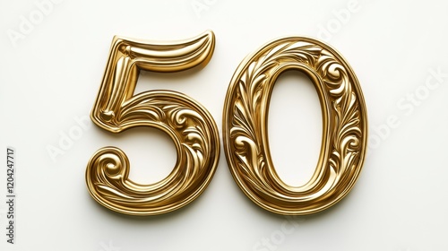 Golden ornate number fifty on white background	 photo