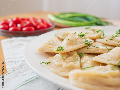 Vegan dumplings gyoza with dill, tomatoes and green onions on white plate