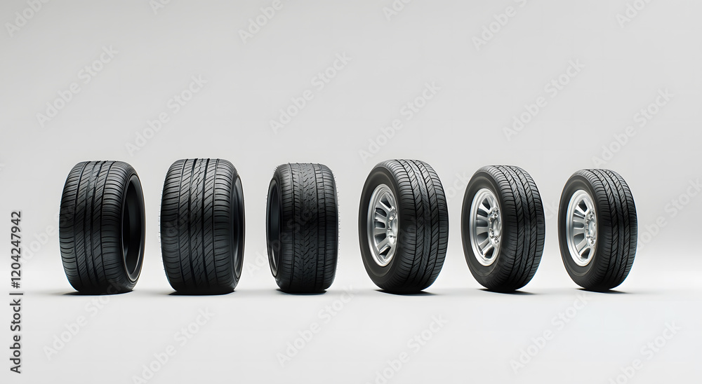 Set of Four Black Car Tires with Glossy Alloy Wheels on a White Background Set of Four Black Car Tires with Glossy Alloy Wheels on a White Background