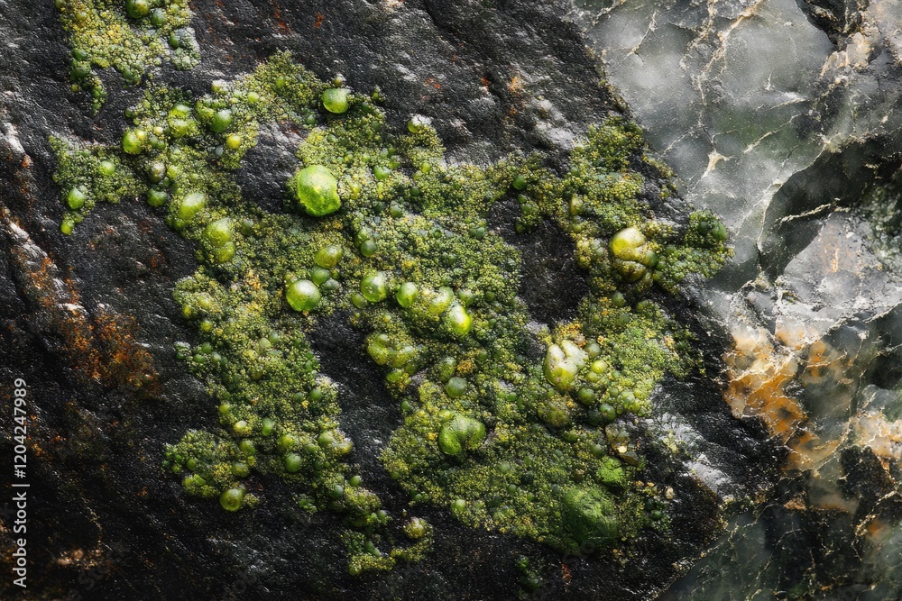 Green algae, possibly Enteromorpha, thriving on dark, wet rock surface. Green algae, possibly Enteromorpha, thriving on dark, wet rock surface.