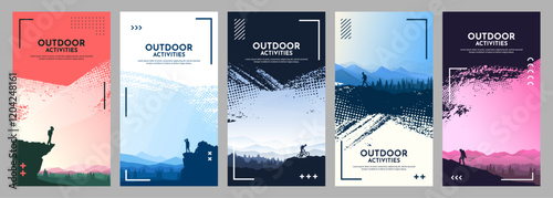 Vector illustration. Travel concept of discovering, exploring and observing nature. Hiking. Adventure tourism background with brush stroke smear overlay, halftone dots and memphis pattern elements