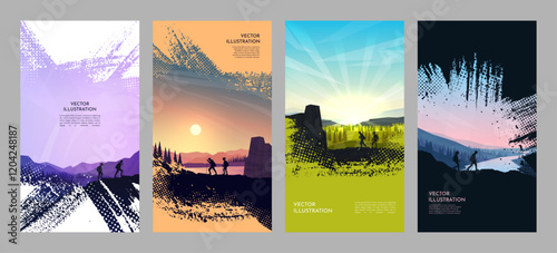 Vector illustration. Travel concept of exploring and observing nature. Hiking and adventure tourism background with brush stroke overlay and halftone dots, capturing the spirit of outdoor discovery