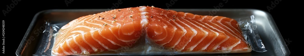 Fresh raw salmon fillet on tray with pepper seasoning and vacuum packaging Fresh raw salmon fillet on tray with pepper seasoning and vacuum packaging