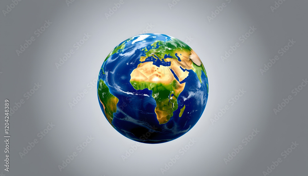 Fototapeta premium Image of planet earth in blue and green spinning on grey background, with white tones