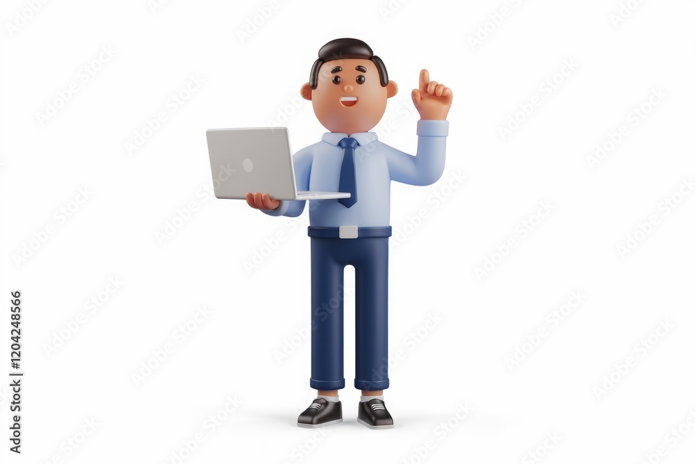 A 3D cartoon businessman holds a laptop and points upward, suggesting an idea or solution. A 3D cartoon businessman holds a laptop and points upward, suggesting an idea or solution.