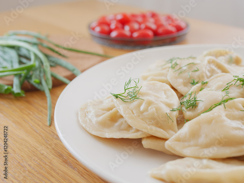 Vegetable dumplings gyoza with dill and green onions on white plate