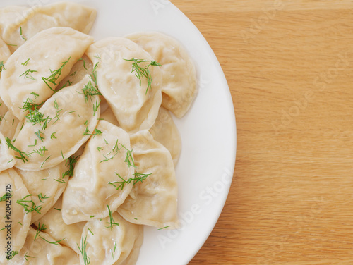 Vegetable dumplings gyoza with dill served on white plate