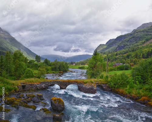 Obraz na płótnie Olden Norway 2024 hiking views towards Briksdal Glacier, Jostedal Glacier largest glacier on Europe's mainland. Glacial river flowing to Sognefjord. Scandinavia, Nordic. w salonie