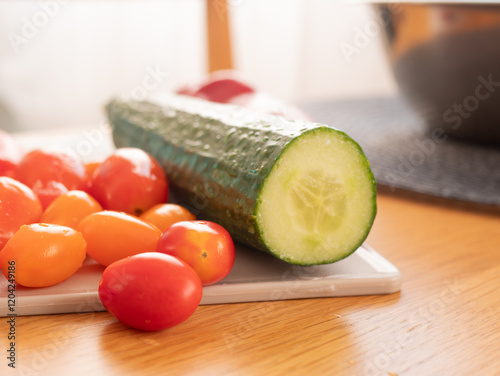 Fresh cucumber and cherry tomatoes resting on cutting board