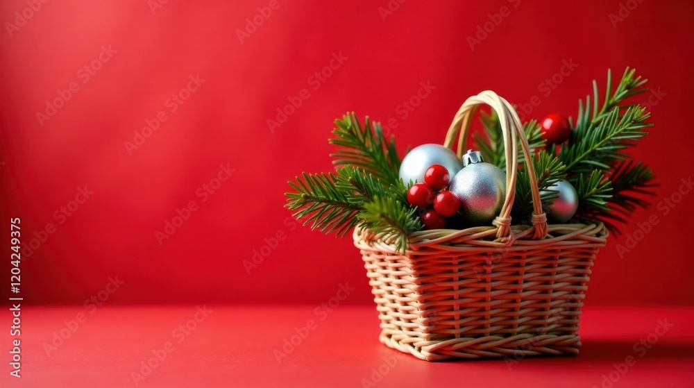 A Festive Wicker Basket Overflowing with Silver Ornaments and Holly Berries, Set Against a Vibrant Red Background A Festive Wicker Basket Overflowing with Silver Ornaments and Holly Berries, Set Against a Vibrant Red Background