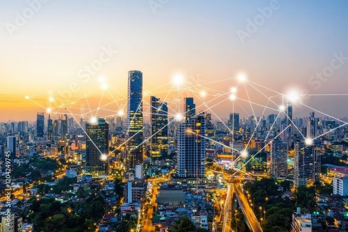 Wallpaper Mural Vibrant Urban Skyline at Dusk Showcasing Advanced Connectivity and Network Technology Over a Modern City with Bright Lights and Beautiful Sunset Background Torontodigital.ca