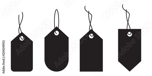 Black price tags collection. Set of blank gift tags. Discount price for store. Various paper shapes with rope and bows. Vector illustration