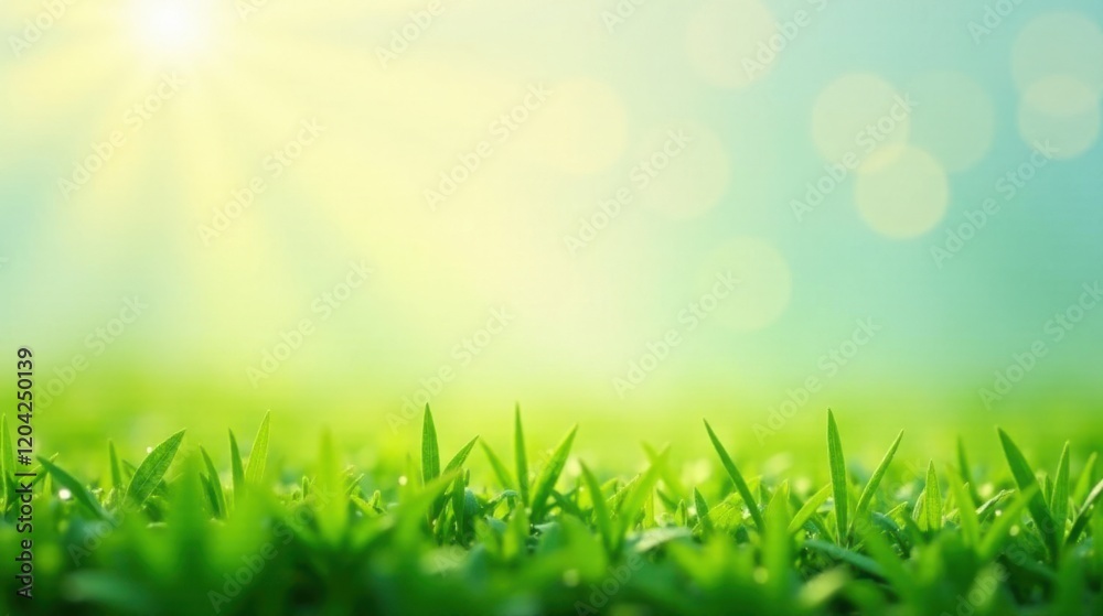 Fototapeta premium Vibrant Green Grass Blades Illuminated by Soft Sunlight Against a Dreamy Blurred Background