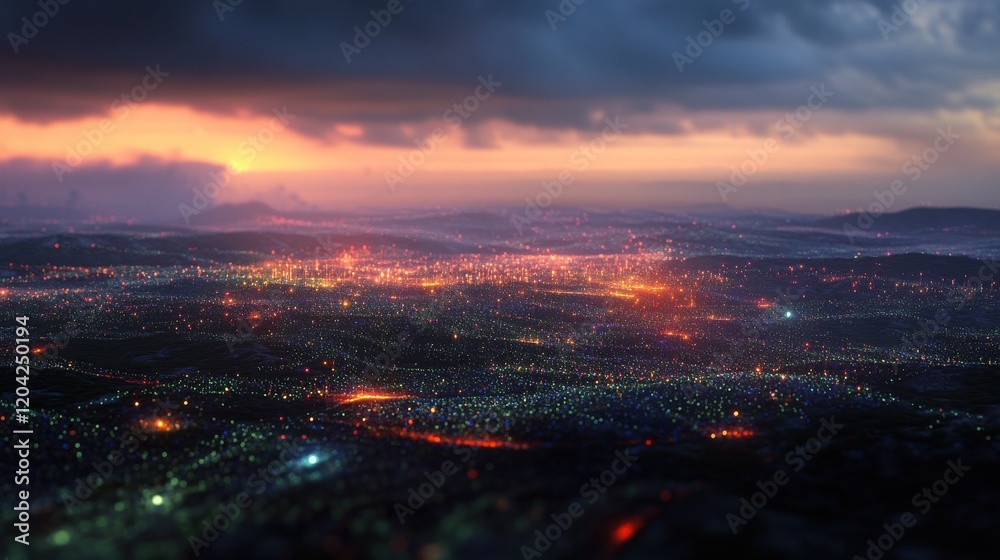 Fototapeta premium Glowing data points forming a complex network in a digital landscape