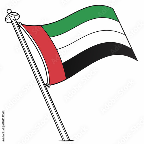 United Arab Emirates Flag: Green, white, black, and red vertical stripes.
