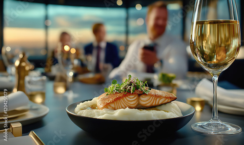 Gourmet salmon dinner with elegant ambiance and wine in upscale restaurant setting