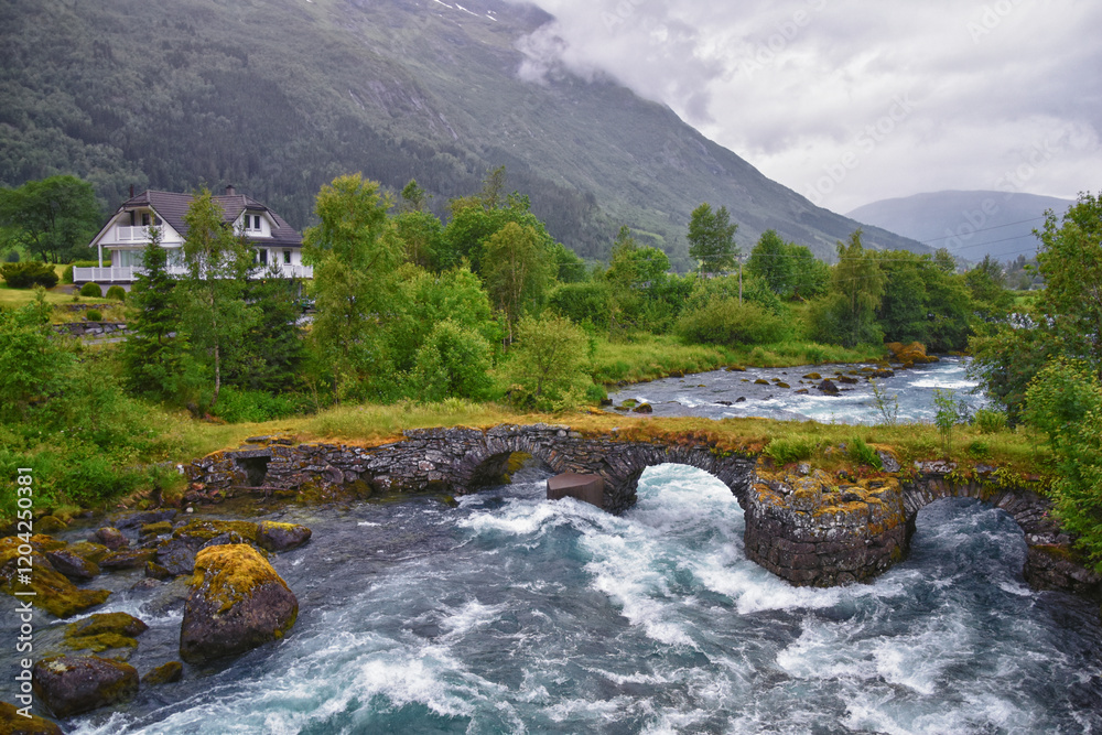 Olden Norway 2024 hiking views towards Briksdal Glacier, Jostedal Glacier largest glacier on Europe's mainland. Glacial river flowing to Sognefjord. Scandinavia, Nordic.
