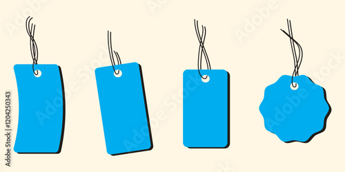 Black price tags collection. Set of blank gift tags. Discount price for store. Various paper shapes with rope and bows. Vector illustration