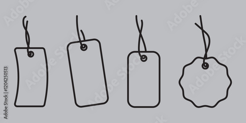 Black price tags collection. Set of blank gift tags. Discount price for store. Various paper shapes with rope and bows. Vector illustration