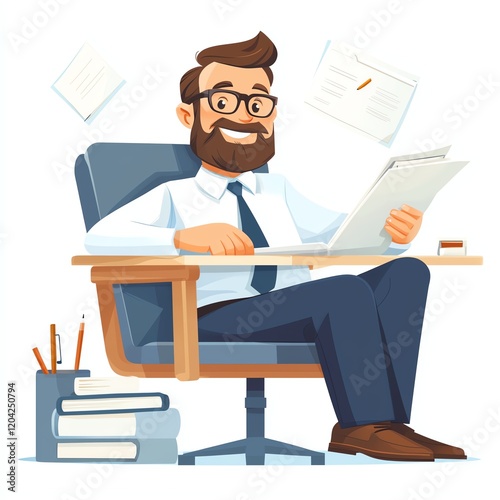 Wallpaper Mural A cheerful businessman in a modern office setting, reading a document. He is seated at a desk surrounded by books and papers, exuding confidence and professionalism. Torontodigital.ca