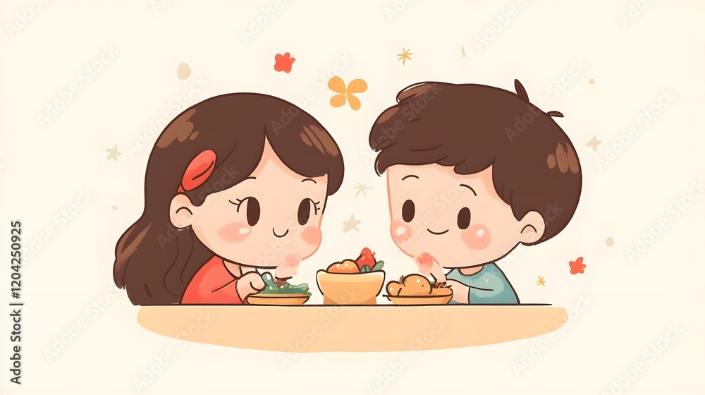 Cheerful Children Sharing Delicious Dessert Meal Together Cheerful Children Sharing Delicious Dessert Meal Together