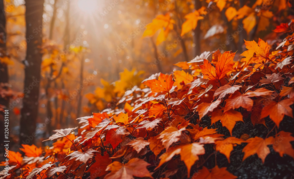 A forest with a lot of orange leaves on the ground. The leaves are scattered all over the ground and some are on the ground near the trees A forest with a lot of orange leaves on the ground. The leaves are scattered all over the ground and some are on the ground near the trees