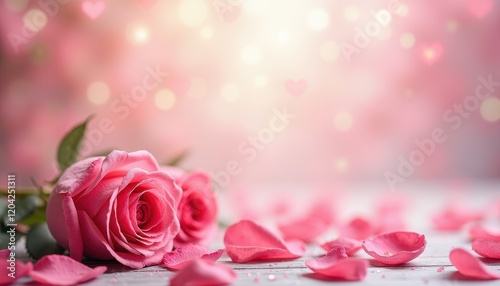 Vibrant Pink Roses Against Dreamy Bokeh Background on Wooden Table
