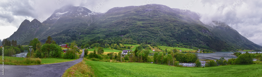 Olden Norway 2024 hiking views towards Briksdal Glacier, Jostedal Glacier largest glacier on Europe's mainland. Glacial river flowing to Sognefjord. Scandinavia, Nordic.