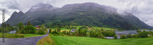 Obraz na płótnie Olden Norway 2024 hiking views towards Briksdal Glacier, Jostedal Glacier largest glacier on Europe's mainland. Glacial river flowing to Sognefjord. Scandinavia, Nordic. w salonie