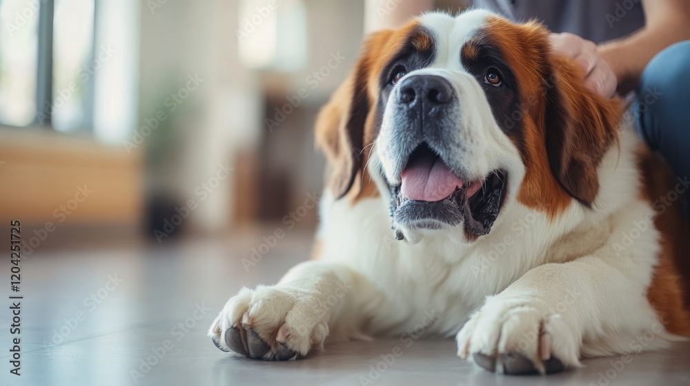 A Saint Bernard sitting patiently on the floor of a veterinary clinic while a vet gently checks its large paw, clean and brightly lit environment, A Saint Bernard sitting patiently on the floor of a veterinary clinic while a vet gently checks its large paw, clean and brightly lit environment,