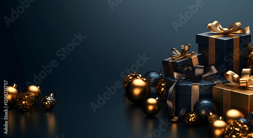 Elegant Gold and Black Christmas Decorations with Gift Boxes and Ornaments