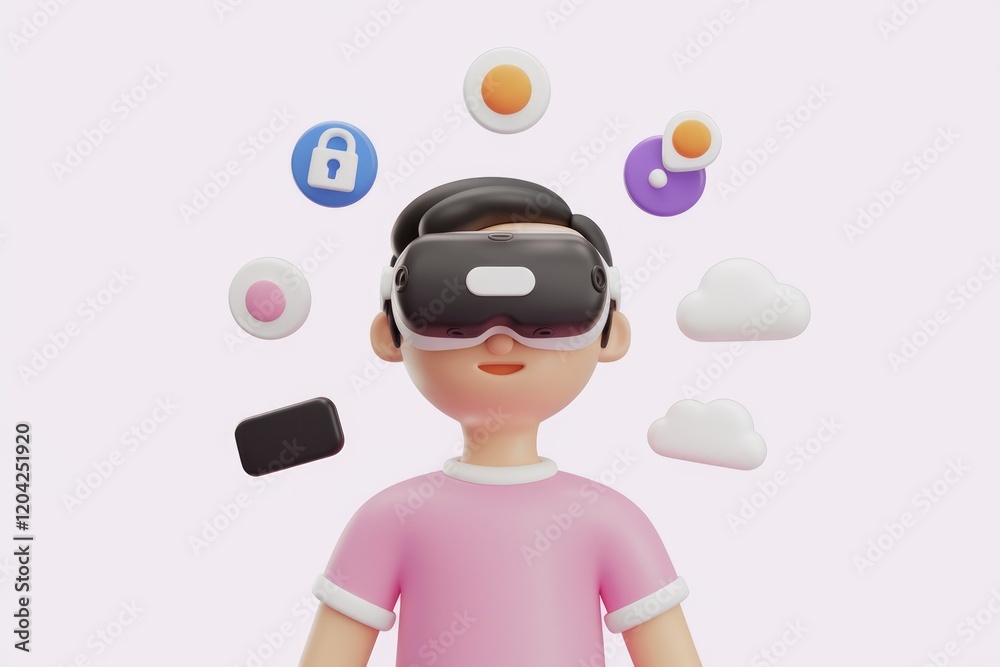 A 3D cartoon person wearing a VR headset, immersed in a digital world filled with various icons and clouds. A 3D cartoon person wearing a VR headset, immersed in a digital world filled with various icons and clouds.