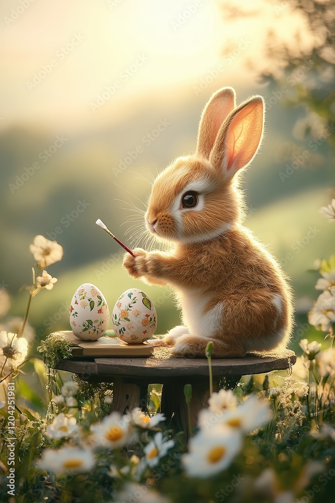Fototapeta premium Little bunny decorating Easter eggs with tiny brush on wooden table surrounded by daisies. Adorable and playful scene celebrating Easter and springtime joy.