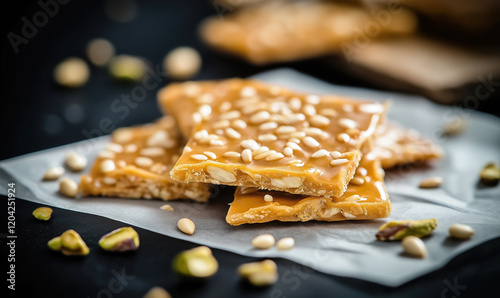 Golden peanut sesame brittle with crunchy texture and nutty flavor photo