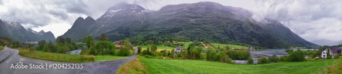 Obraz na płótnie Olden Norway 2024 hiking views towards Briksdal Glacier, Jostedal Glacier largest glacier on Europe's mainland. Glacial river flowing to Sognefjord. Scandinavia, Nordic. w salonie